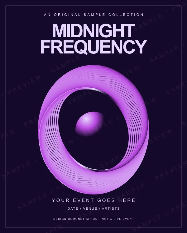 MIDNIGHT FREQUENCY — Neon event flyer, sample artwork